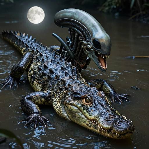 Crocodile Xenomorph in Moonlit River