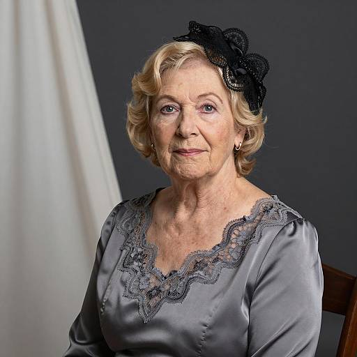 Elderly Woman in Grey Satin Dress with Black Lace Headpiece