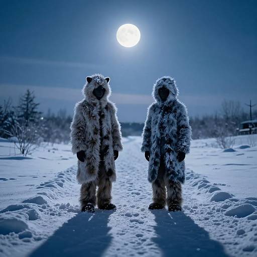 Photograph of two people in furry animal costumes standing in snow at night, under a bright full moon, casting long shadows.
