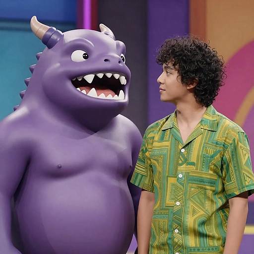 Curly-Haired Man and Purple Stage Monster