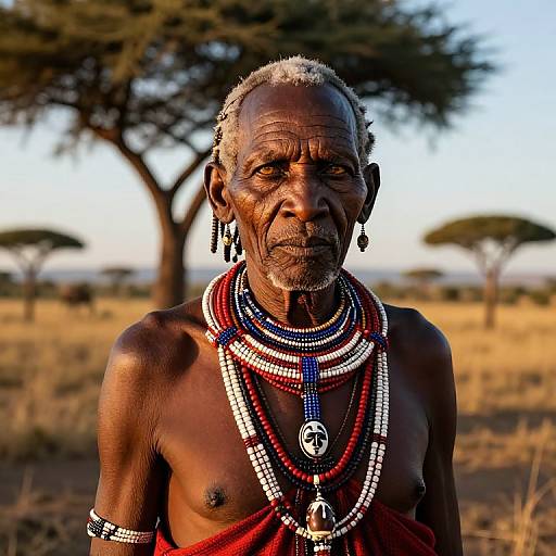 Photograph of an elderly, dark-skinned African woman with short gray hair, wearing intricate beaded necklaces and earrings, standing in a sunlit
