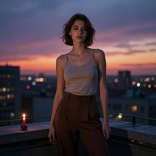 Photograph of a slender woman with short, wavy brown hair, wearing a white tank top and brown pants, standing on a rooftop at sunset with