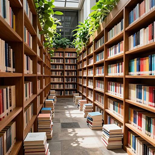 Sunlit Library Aisle with Books and Plants