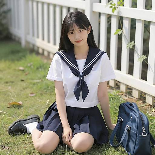 Asian Girl in Sailor Uniform Sitting on Grass