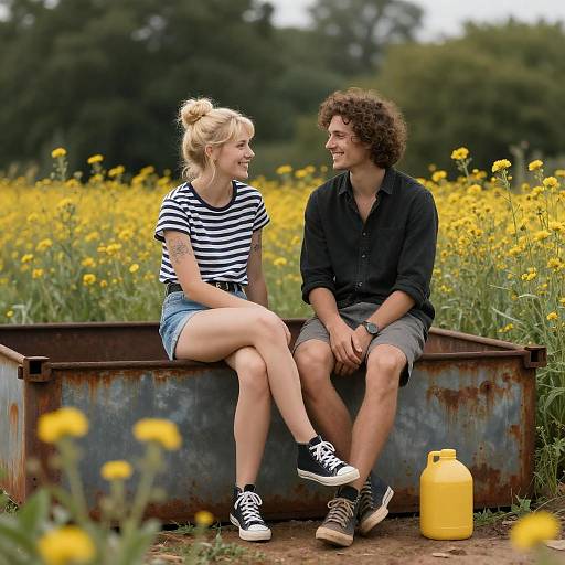 Blonde Woman and Man in Wildflower Field