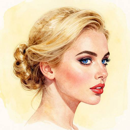 Digital illustration of a blonde woman with blue eyes, red lipstick, and a braided updo, looking to the right against a yellow background.
