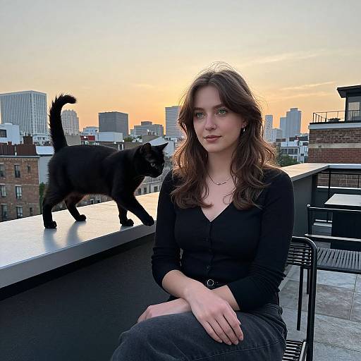 Photograph of a brunette woman in a black cardigan and gray pants, sitting on a rooftop with a black cat walking nearby, city skyline at sunset