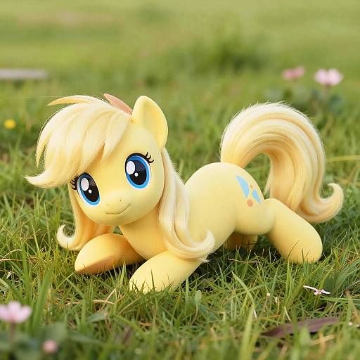 Photograph of a cute, yellow, plush My Little Pony with large blue eyes, lying on green grass with blurred pink flowers in the background.