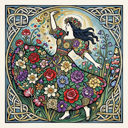 Vibrant, detailed Celtic-inspired illustration of a dark-haired woman in a floral crown, dancing among colorful roses, surrounded by intricate patterns.