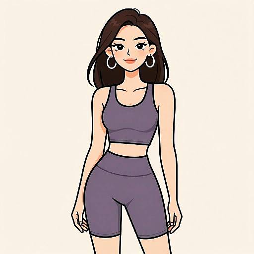Digital illustration of a smiling woman with light skin, black hair, wearing purple sports bra and shorts, large hoop earrings, standing against a white background.