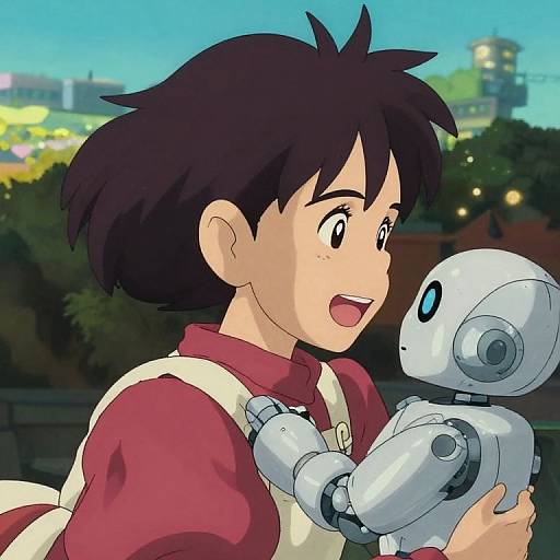 Anime-style drawing of a brown-haired boy in a red shirt and white apron, happily holding a small, silver robot against a bright, cityscape