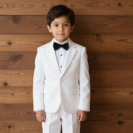 Photograph of a young boy with short black hair, wearing a white tuxedo and black bow tie, standing against a wooden plank wall.