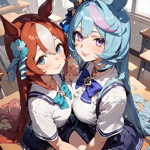 Summer Classroom Scene with Two Girls