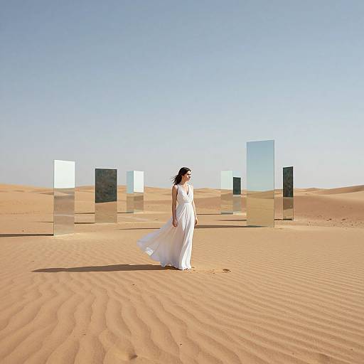 Photograph of a woman in a flowing white dress standing in a desert, surrounded by transparent and mirrored rectangular panels. Clear blue sky above.