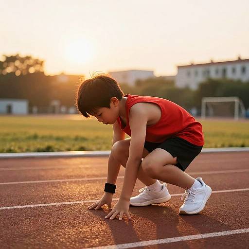 Young Boy Crouching on Sunlit Track