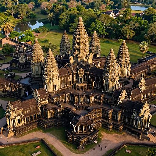 Aerial photograph of a sunlit ancient temple complex with multiple intricately carved, golden-hued spires, surrounded by lush green trees and a serene