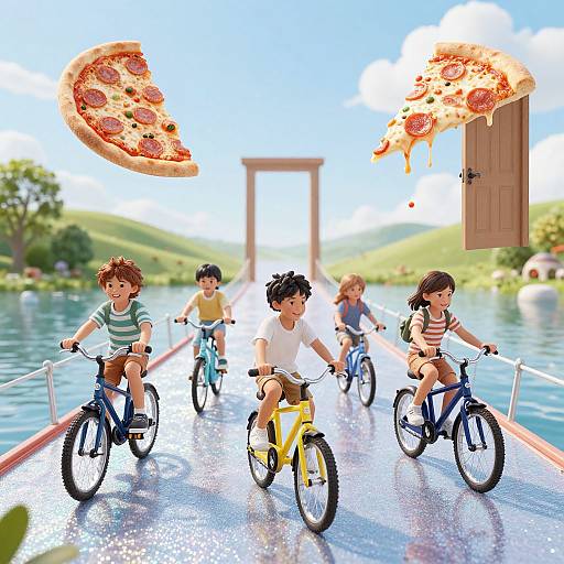 Digital illustration of six children biking on a bridge, with two large floating pizzas overhead, set against a sunny, blue-skied landscape.