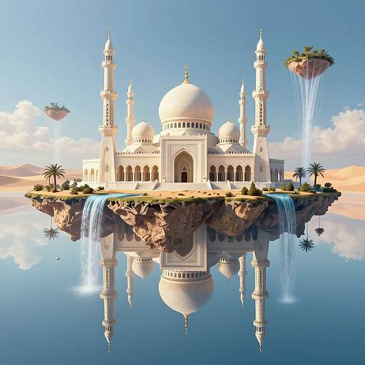 Photorealistic CGI of a white, domed mosque with four minarets on a floating rocky island, surrounded by palm trees, waterfalls,