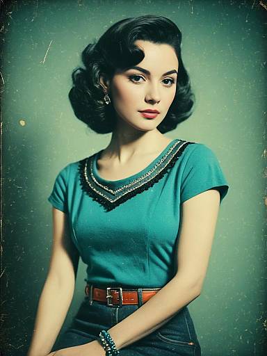 Vintage Style Woman Wearing Teal Top and Denim Jeans