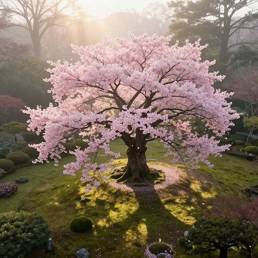 Photograph of a vibrant pink cherry blossom tree in full bloom, bathed in sunlight, casting shadows on a lush green garden.