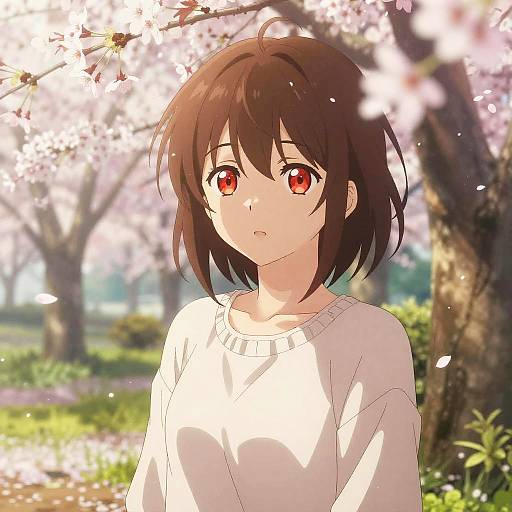 Anime-style digital drawing of a young girl with short brown hair, red eyes, and a white sweater, standing in a cherry blossom-filled park, petals