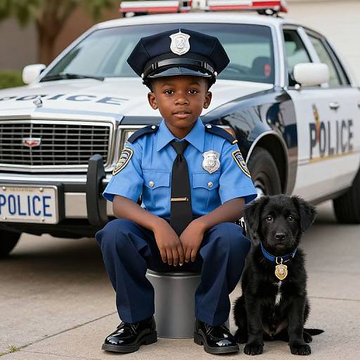 Young Boy in Police Uniform with Puppy