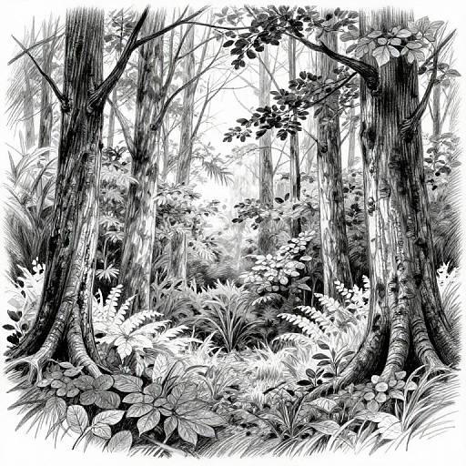 Monochrome ink drawing of a dense forest with tall, textured trees and lush underbrush, featuring detailed leaves and foliage.