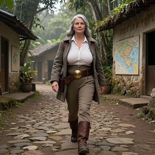 Photograph of a confident middle-aged woman with gray hair, white blouse, gray coat, brown pants, and brown boots, walking on a cobble