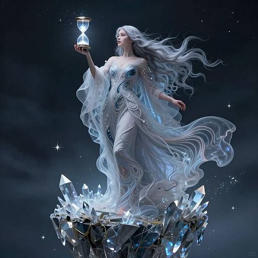 Digital artwork of a ethereal woman with flowing silver hair, wearing a translucent white gown, holding a glowing hourglass, standing on a crystal pedestal in