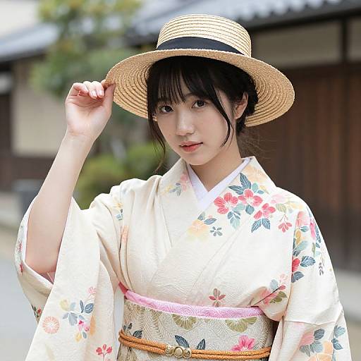 Woman in Floral Kimono with Straw Hat