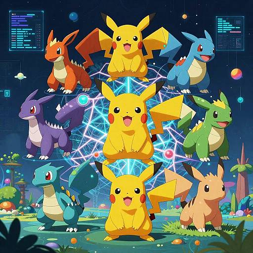 Digital illustration of Pikachu and six Pokémon (Charizard, Squirtle, Bulbasaur, Oddish, Eevee, Vulpix)