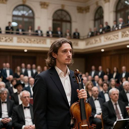 Serious Violinist in Grand Hall Setting