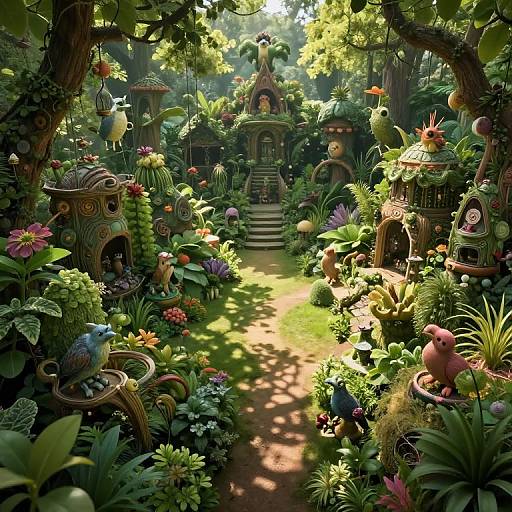 Surreal Overgrown Garden with Fantastical Creatures