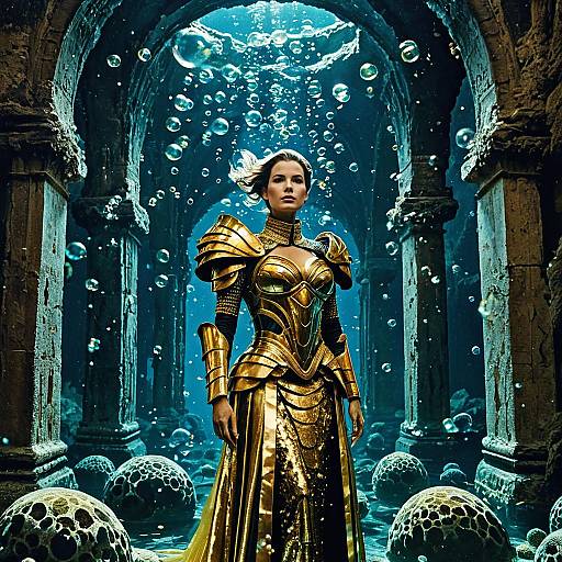 Fierce Woman in Gold Armor Underwater Ruins