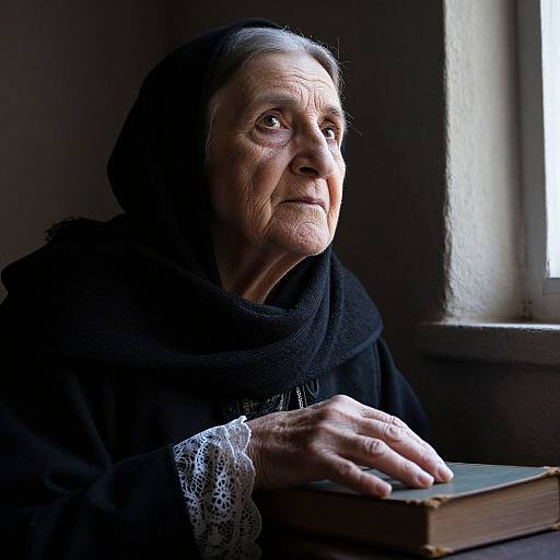 Photograph of an elderly woman with wrinkled skin and gray hair, wearing a black headscarf and lace-trimmed robe, gazing thought