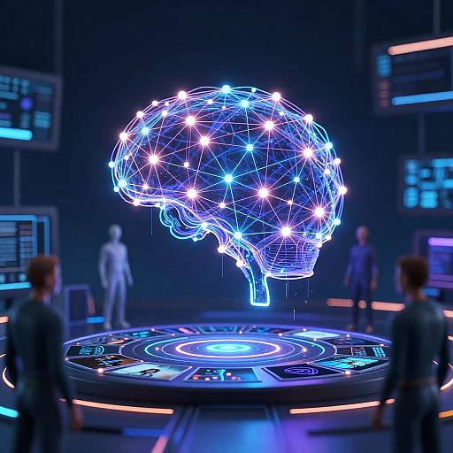 Neon-lit 3D wireframe human brain hologram above futuristic control panel, surrounded by blurred scientists in a dark, high-tech lab.