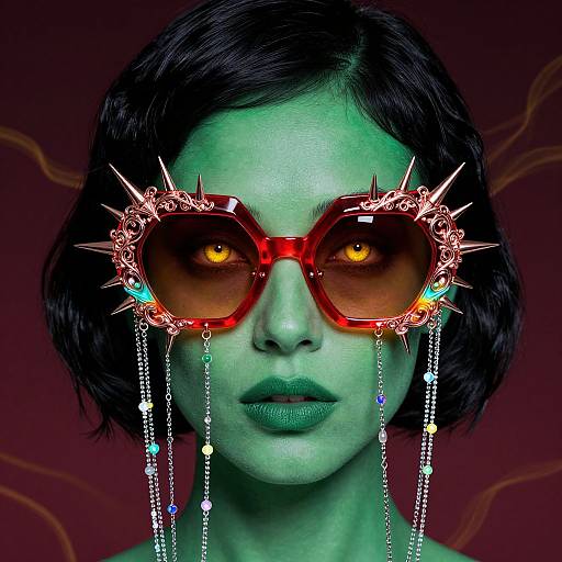 Photograph-style digital art of a green-skinned woman with black hair, wearing red spiked eyeglasses with dangling chains, and glowing orange eyes.