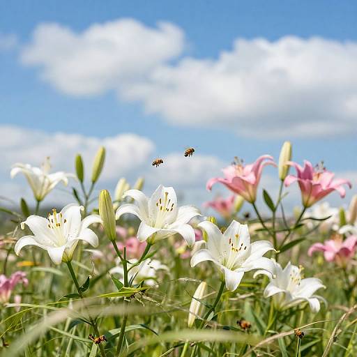 Photograph of a sunny field with white and pink lilies, two bees flying, and a blue sky with fluffy clouds.