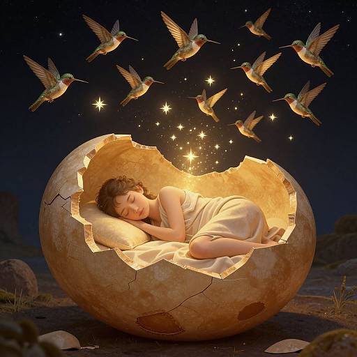 Dreamy photograph of a sleeping woman in a cracked, glowing egg-like shell, surrounded by hummingbirds and sparkling stars in a dark night sky.