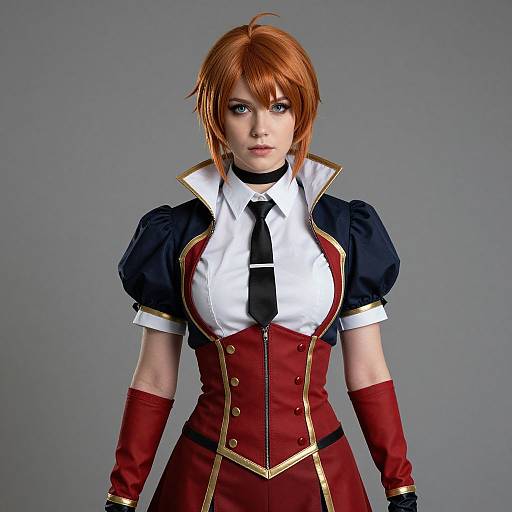 Photorealistic digital artwork of a red-haired woman in a military-style red and black uniform with gold trim, white shirt, black tie, and red