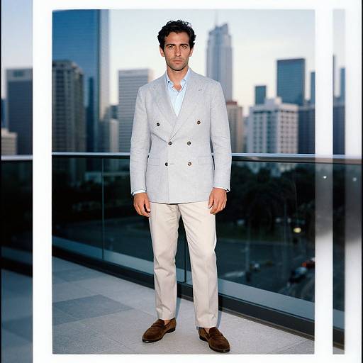 Photograph of a handsome man with dark curly hair, wearing a white double-breasted blazer, white shirt, beige pants, and brown shoes,