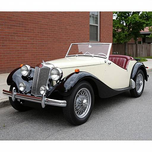 Photograph of a classic white convertible with black fenders and red leather interior parked on a suburban street against a brick wall.