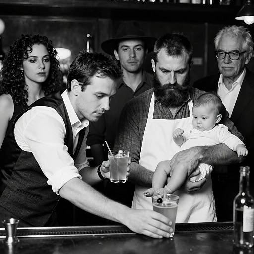 Vintage Bar Scene with Intense Characters