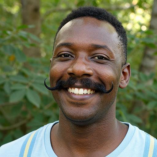 Photograph of a smiling Black man with short curly hair, a thick mustache, and white shirt, set against a green forest background.