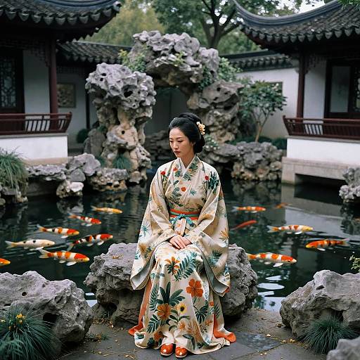 Asian Woman in Botanical Hanfu at Traditional Chinese Garden