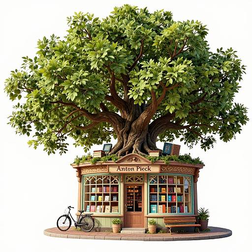 Quaint Bookstore Under Large Tree
