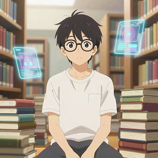 Nerdy Anime Guy in Futuristic Library