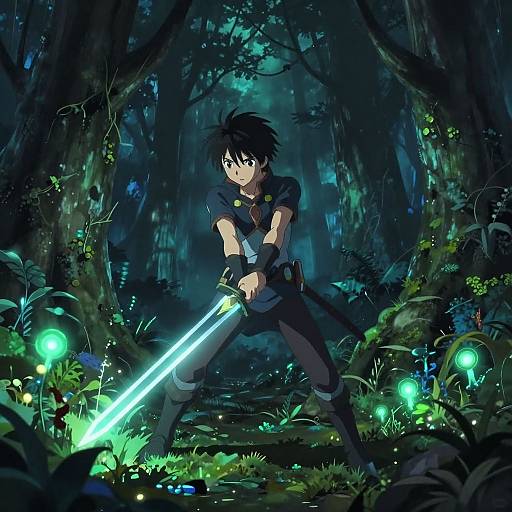 Anime-style digital artwork of a black-haired, blue-eyed warrior with a glowing sword, standing in a dark, mystical forest illuminated by bioluminescent