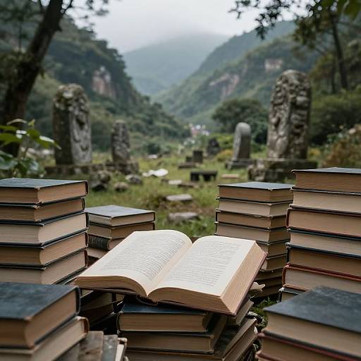Photograph of an open book atop stacks of books in a misty, mountainous graveyard with ancient stone statues in the background.