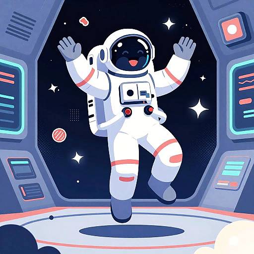 Excited Astronaut in Retro Futuristic Space